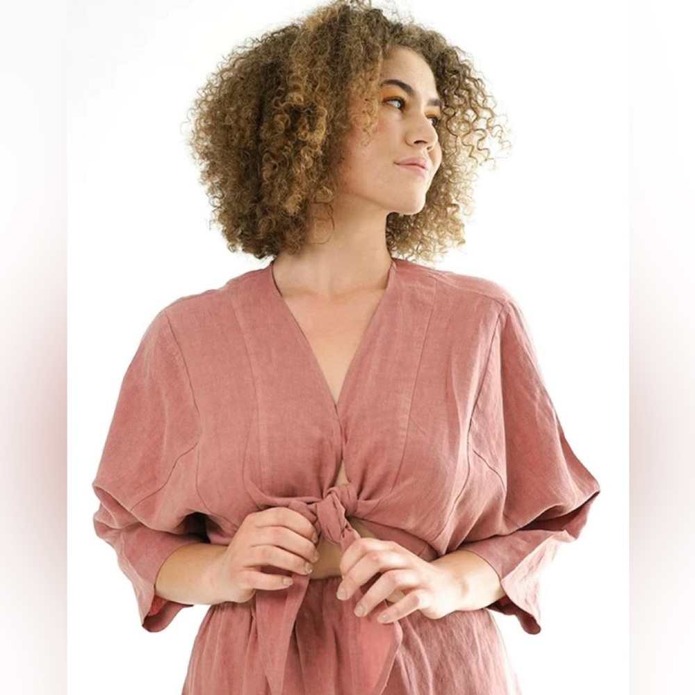 Two Days Off Okasaan Linen Tie Top Sakura Pink Extra Small